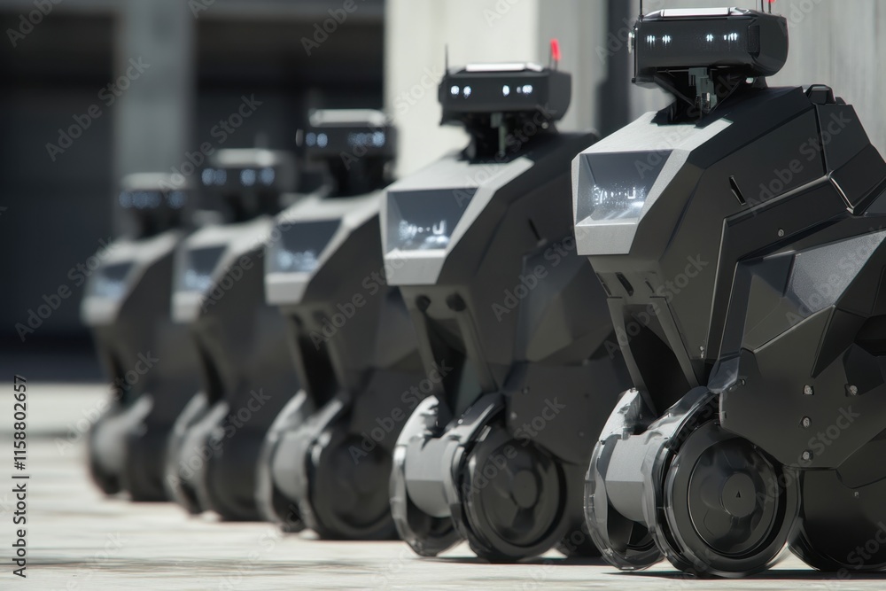 Poster advanced security robots lined up in urban environment ready for deployment