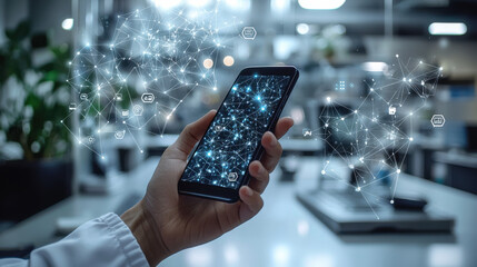 Modern Office, Smartphone Interface with Starfield Backdrop, Showcasing Communication or Navigation, Clean High-Tech Aesthetic