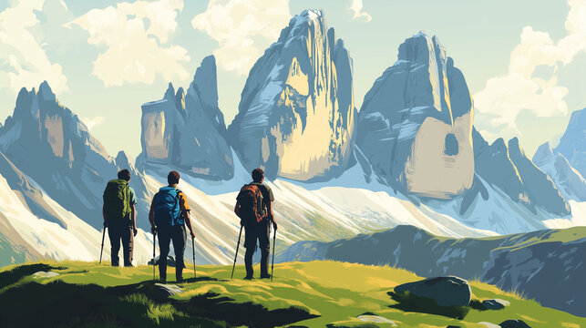 Illustration, Parco Naturale Tre Crime di Lavaredo in Italy, Drei Zinnen. touristic advertisement poster. Hikers with Drei zinnen mountain in the background, Italian Dolomites, mountains. Outdoor adve