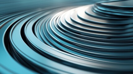 Abstract swirling metallic discs, blue tone, 3D render.