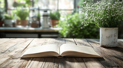 open book rests on rustic wooden table, surrounded by greenery and flowers