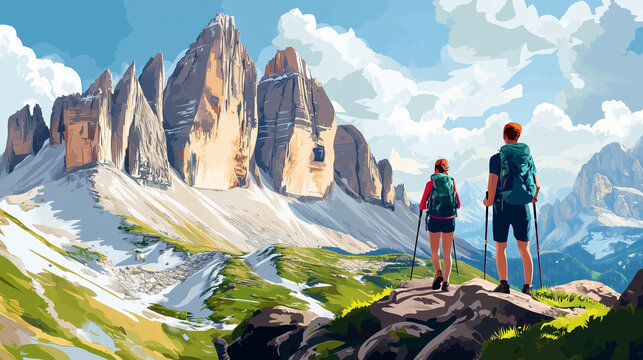 Illustration, Parco Naturale Tre Crime di Lavaredo in Italy, Drei Zinnen. touristic advertisement poster. Hikers with Drei zinnen mountain in the background, Italian Dolomites, mountains. Outdoor adve