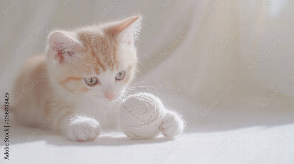 Poster cute kitten discovers a ball of yarn while playing in soft sunlight during a tranquil afternoon. gen