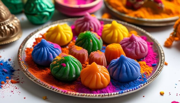 Vibrant Holi Festival Plate Decorated with Colorful Sweet Treats and Festive Powders