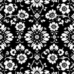 Fototapeta premium Black and White Floral Damask Pattern: A classic, elegant design with a timeless appeal. This seamless pattern features intricate floral motifs and delicate swirls.
