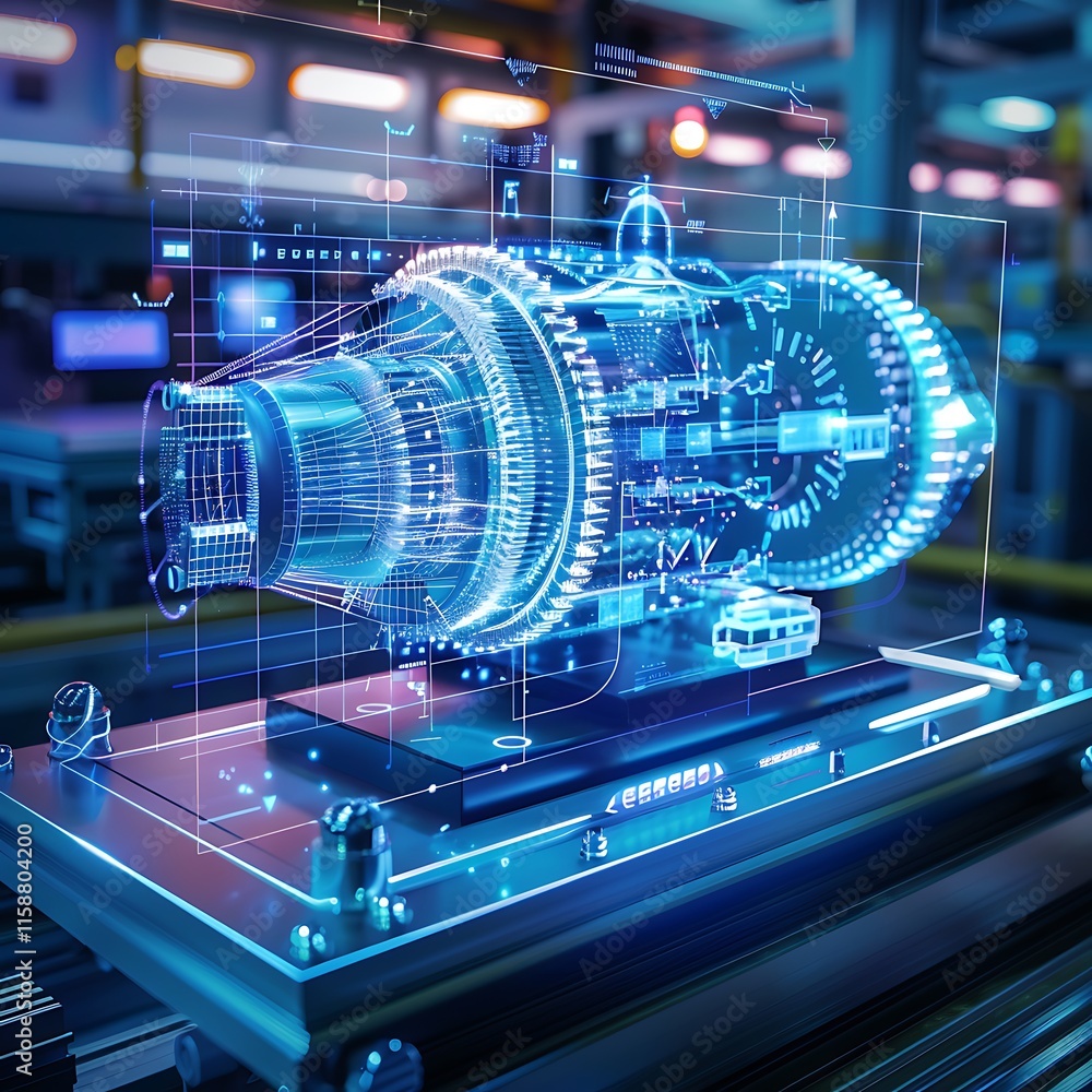 Poster holographic display of a complex engine design in a workshop environment. represents advanced engine