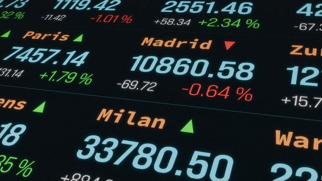 Ticker tape with prices, stock market and exchange, markets moving up and down, Paris, Frankfurt, Zurich, Milan, Athens. Business, profit, investing. Concept, 3D animation