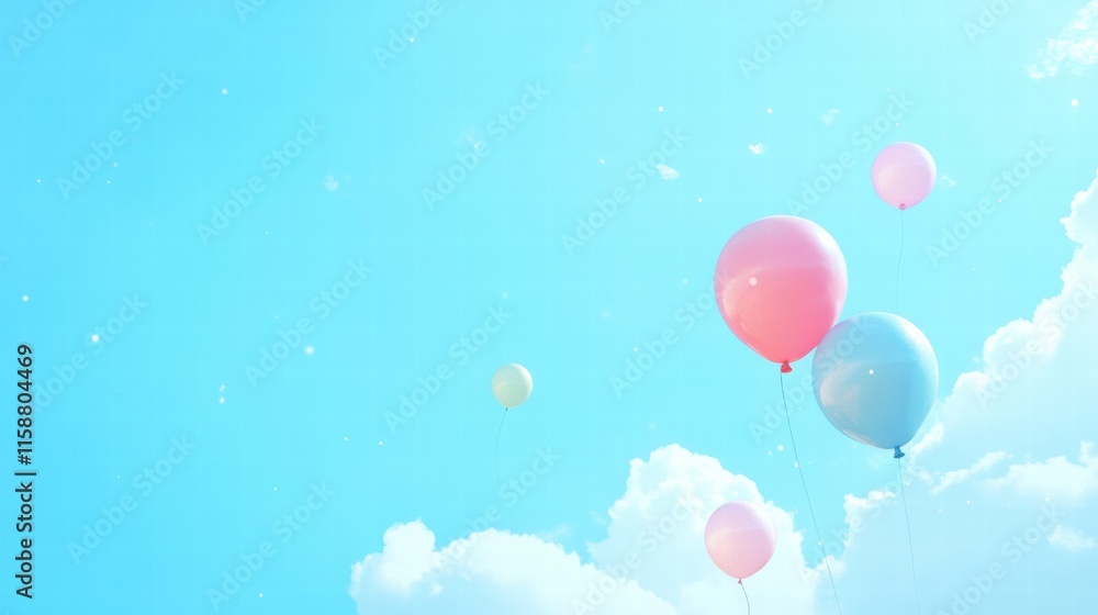 Aufkleber colorful balloons float cheerfully in a vibrant blue sky on a sunny day with fluffy white clouds. ge