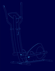 Blue drawing of a stationary bike. The bike is a cross trainer, which means it has two pedals and a handlebar. The bike is designed to be used for both indoor and outdoor exercise