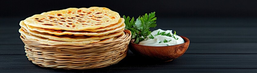 Freshly Baked Flatbread with Yogurt Sauce and Green Herbs in Wooden Bowls on Dark Background