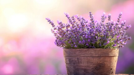 Fototapeta premium Lavender flowers in a rustic pot, soft background.