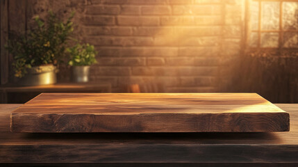 rustic wooden table top illuminated by warm sunlight, perfect for displays