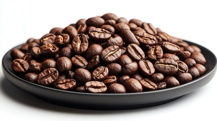 Fototapeta premium Roasted coffee beans on a matte black plate against a white background