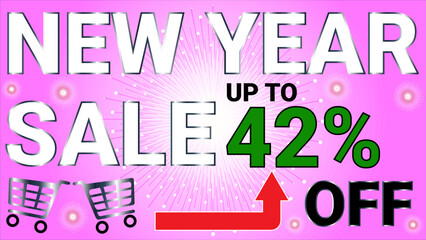 New year sale up to 42 percent off banner with Fuchsia Pink and white radial background and sunburst starburst celebration theme
