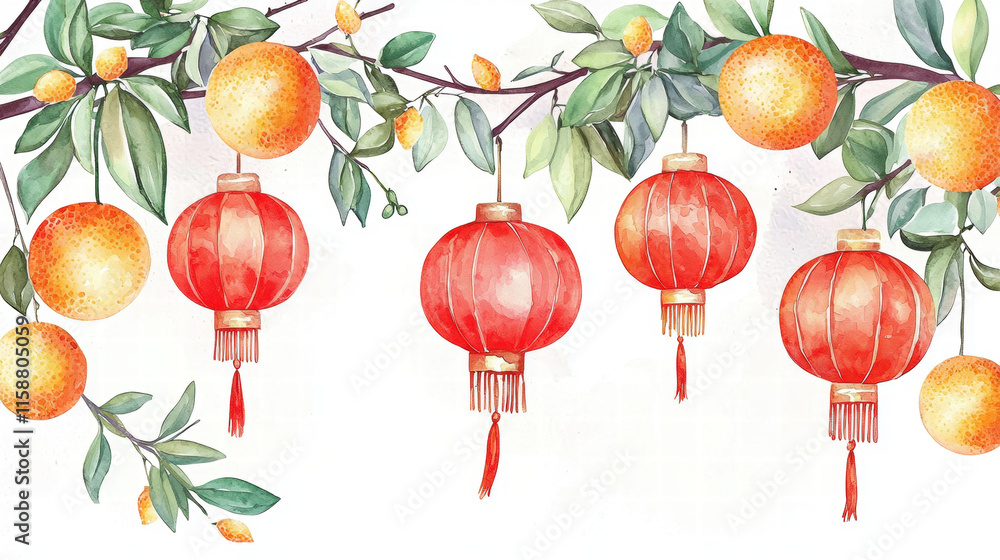 Poster chinese new year. colorful lanterns and oranges on a branch create a festive atmosphere.