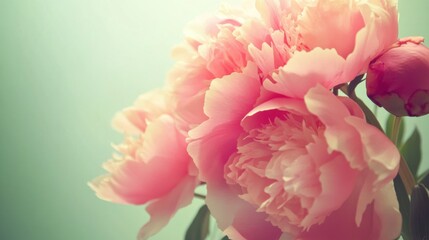 A cluster of vibrant pink peonies on a soft sage green background, close-up shot, Minimalist style