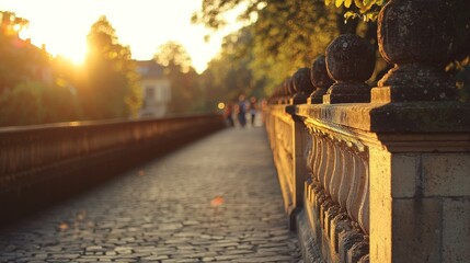 Obraz premium Cobblestone path with ornate stone wall at sunset.