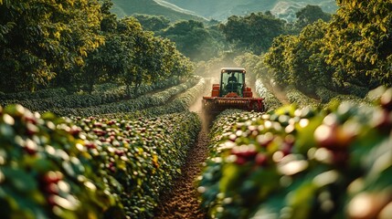 Coffee plantation panorama showcases harvesting machine in lush greenery