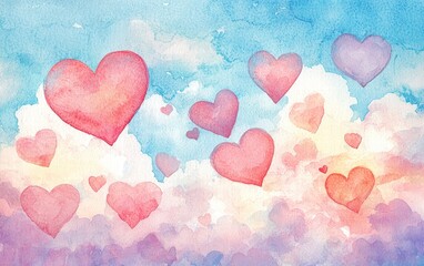 Obraz premium A watercolor painting of hearts blending into soft pastel clouds for valentines day