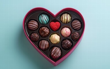 Obraz premium Heart-shaped chocolate box filled with assorted colorful truffles on a glowing pastel blue background for valentines day