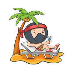 Illustration of relaxing on the beach with a cocktail under a palm tree in a cute cartoon style.