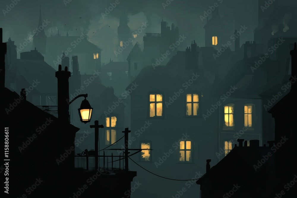 Aufkleber Dark cityscape at night with few illuminated windows casting a mysterious glow over rooftops. Generative AI