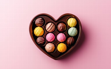 Heart-shaped chocolate box filled with assorted colorful truffles on a pastel ombre background transitioning from yellow to pink for valentines day