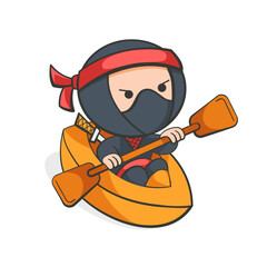 Illustration of a ninja sailing on a kayak in a cute cartoon style.