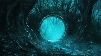 Eerie Circular Opening in a Dark, Foggy Forest