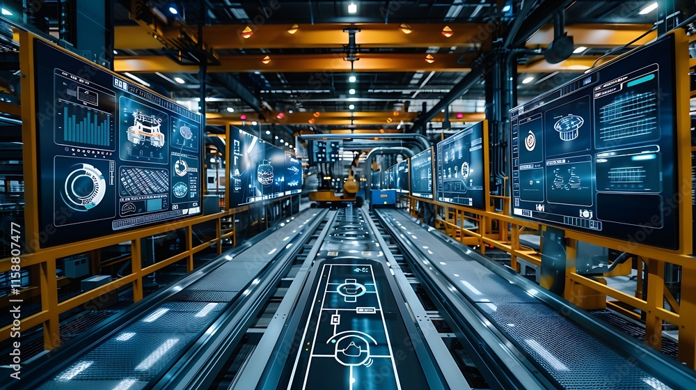 Poster advanced industrial facility with digital displays showing data and schematics. modern manufacturing
