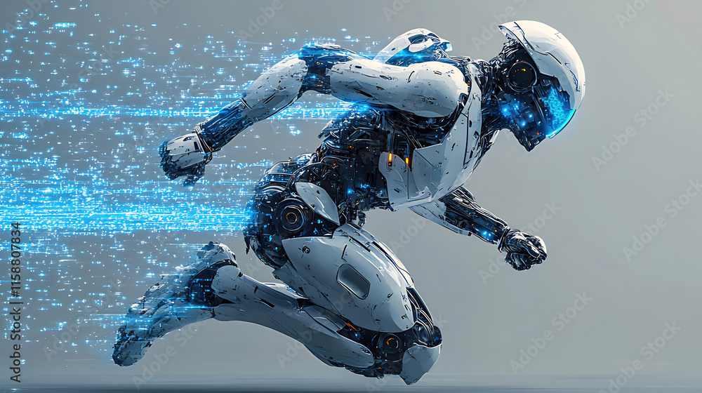 Poster futuristic robot running, digital data stream.