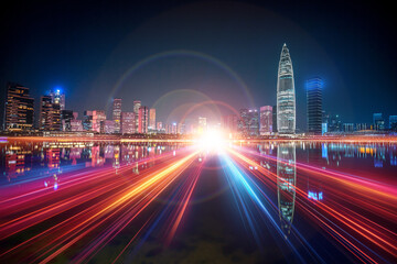 Vibrant night cityscape of Shenzhen, China.  Light trails streak across a reflective waterway,...