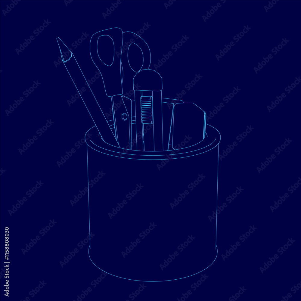 Poster blue container with a pencil, scissors, and a ruler inside. the pencil is sharpened and the scissors
