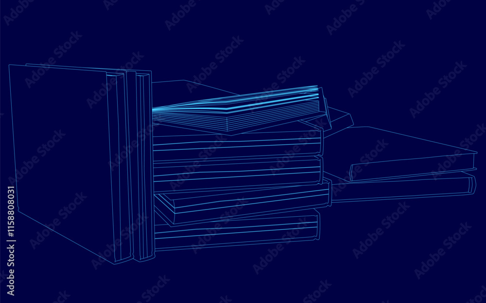 Poster stack of books with the top one open. the books are blue. the stack is piled on top of each other
