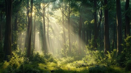 Obraz premium Serene Forest Landscape with Sunlight Filtering Through Trees