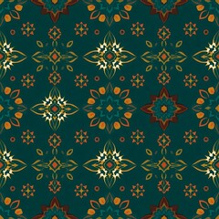 Teal and Gold Geometric Pattern: A repeating pattern of intricate geometric shapes in rich teal, gold, and brown tones, creating a sophisticated and elegant design.