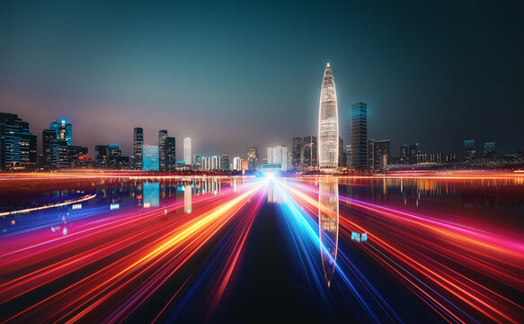Vibrant night cityscape of Shenzhen, China. Light trails streak across a reflective waterway, showcasing the city's modern architecture and dynamic energy.