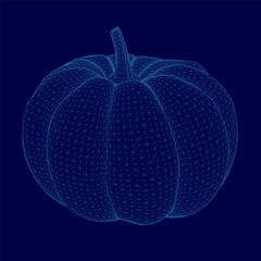 Blue image of a pumpkin. The pumpkin is shown in a 3D format, with a stem and a leaf. The image has a futuristic and artistic feel to it