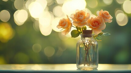 Peach roses in a glass vase, bokeh background.