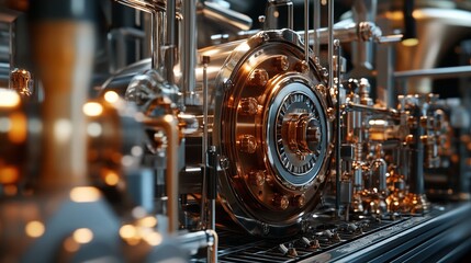 Fototapeta premium An intricate machine interior showcasing detailed metal components and copper accents, representing the essence of industrial engineering