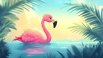 Obraz premium A whimsical pink flamingo swims in a tranquil water setting surrounded by lush greenery.