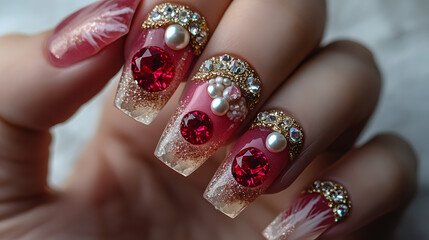 nail art of ruby and pink sapphire with pearl shell,nail design,gorgeous,cute,luxery,nails and accesories and bag,gem,photorealistic, hand with jewelry