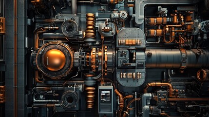 An intricate machine interior showcasing detailed metal components and copper accents, representing the essence of industrial engineering