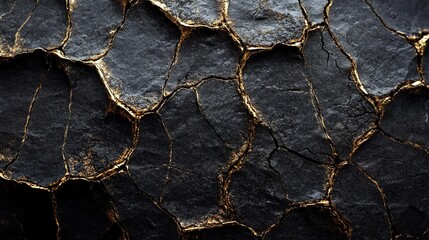 A close-up of the cracked surface texture of obsidian, with gold veins running through it, against an all-black background.