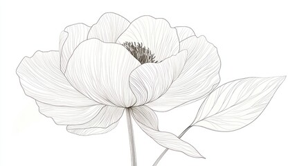 Elegant line art drawing of a single peony blossom and leaves.