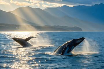 Fototapeta premium Two whales playing in the sea with many butterflies flying around them. The light of the sun shines