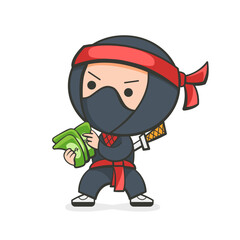 Illustration of a ninja counting money in a cute cartoon style.