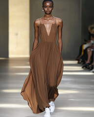 A runway model showcasing a flowing mocha mousse maxi dress with subtle draping, walking on a minimalist runway