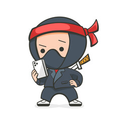 Illustration of a ninja with a smartphone in a cute cartoon style.