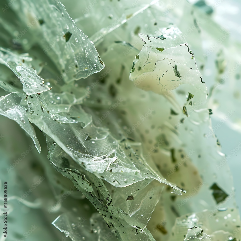 Poster abstract macro shot of translucent, layered material with embedded green particles. creates a textur